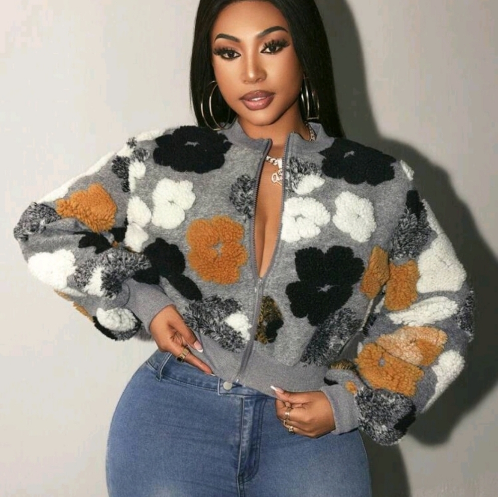 Floral Patterned Gray Bomber Jacket - image 2